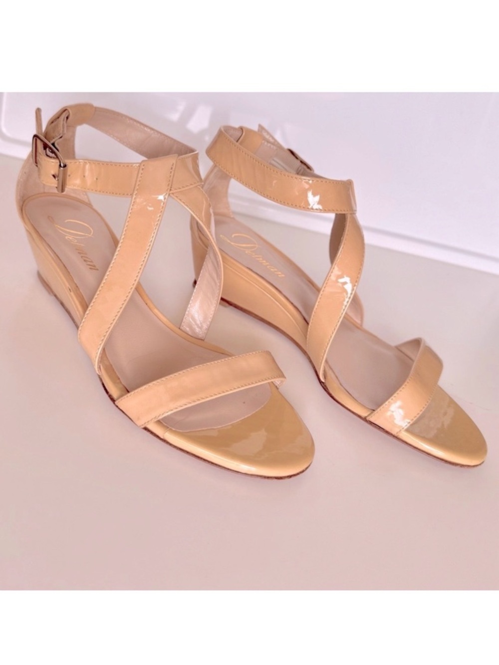 DELMAM Italian Glossy Beige Cream & Tan Neutral Patent Leather Wedge Sandals